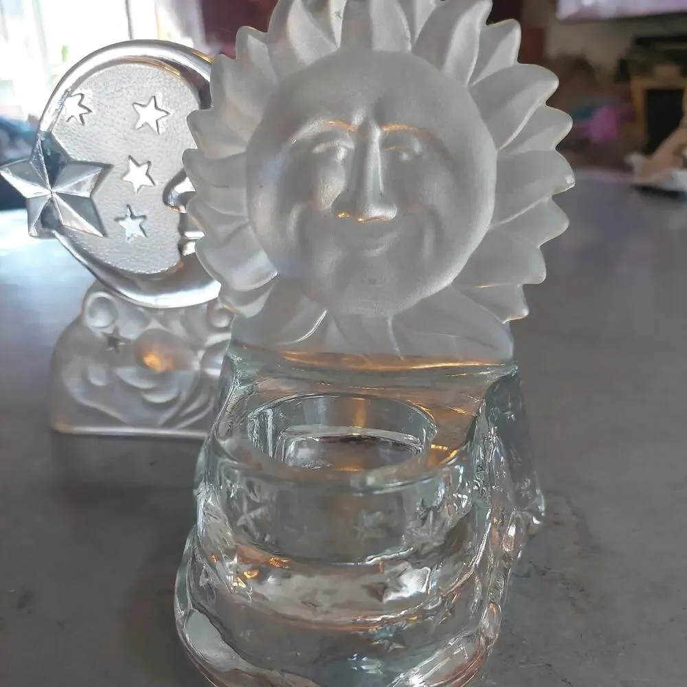 Vintage Glass Celestial Moon Sun Face Stars Candle Holders Frosted PL set
